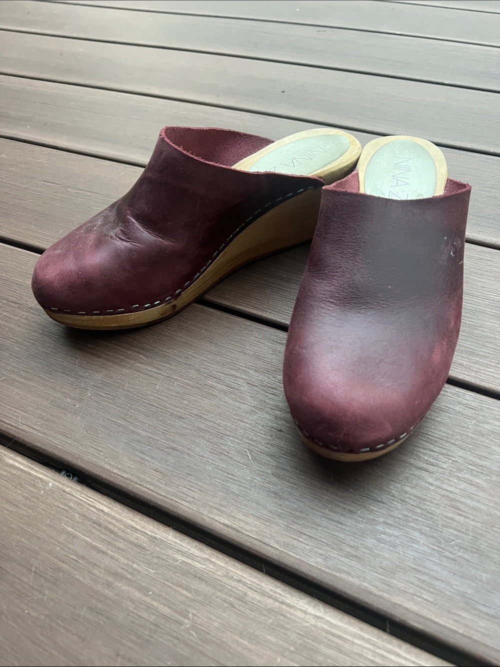 Women's Burgundy Leather Wedge Clogs - Slip-On Comfort